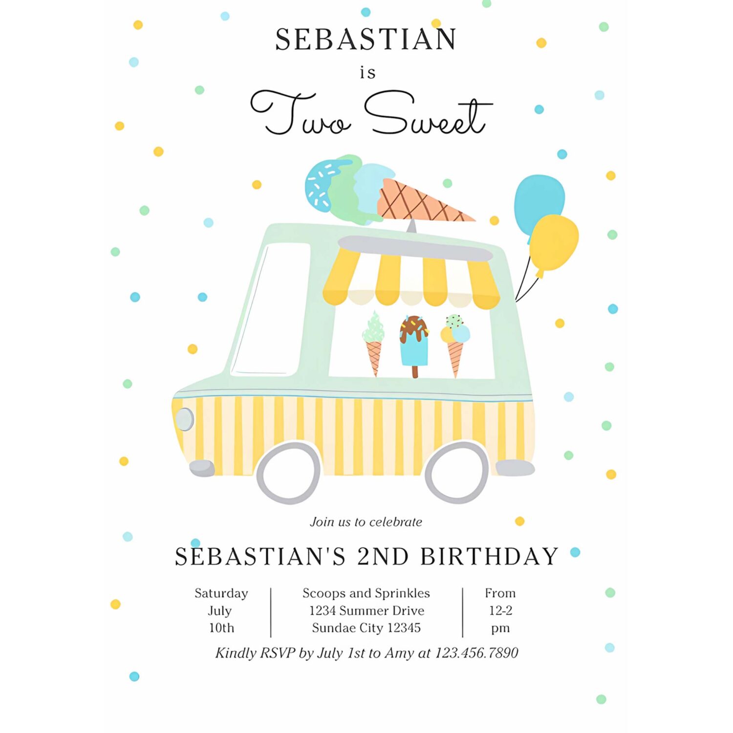 Boy ice cream truck two sweet 2nd birthday party invitation e90y 4