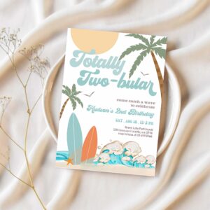 Boy surf surfing 2nd birthday totally two bular modern minimal surfboard beach party invitation 1