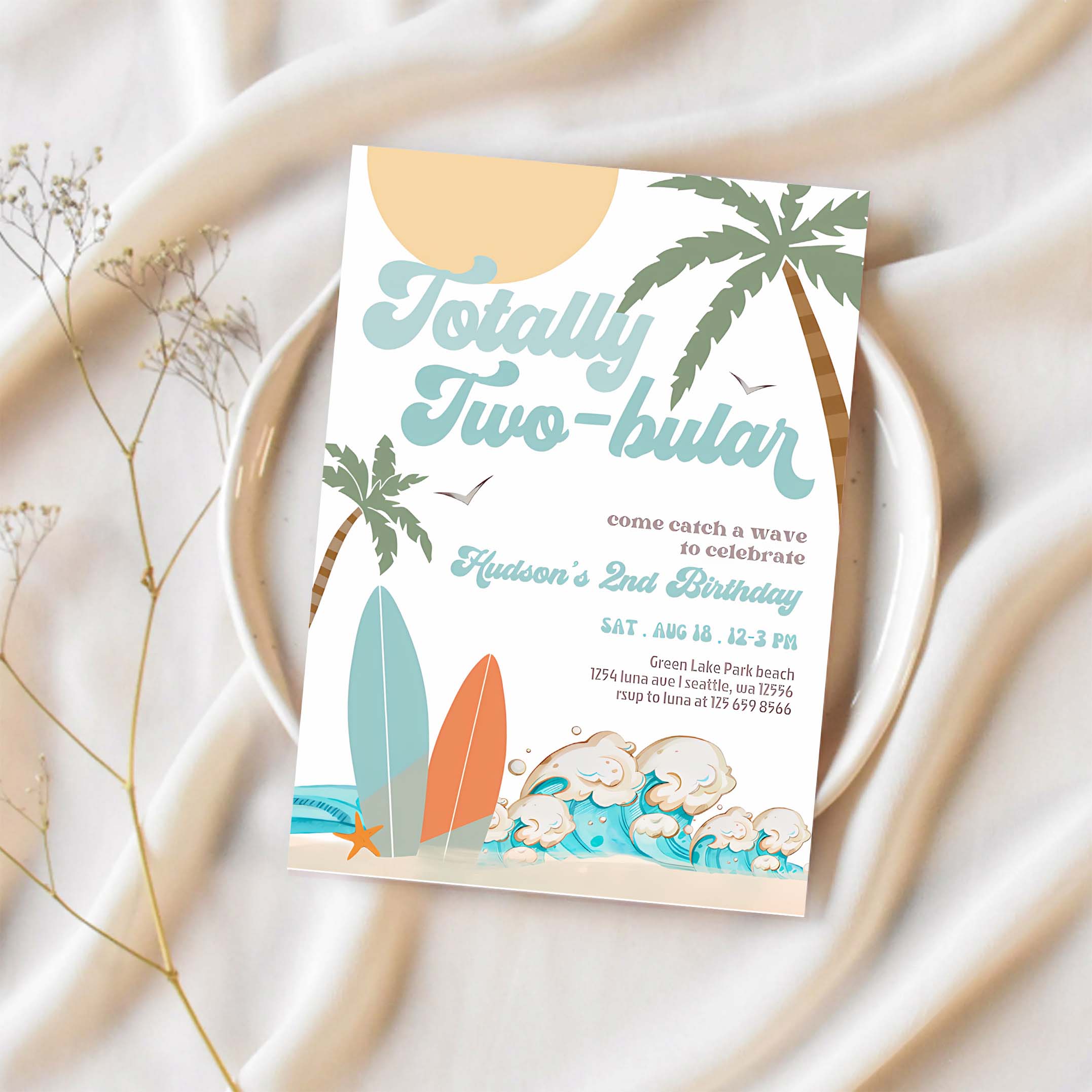 Boy Surf Surfing 2nd Birthday Totally Two bular Modern Minimal Surfboard Beach Party Invitation
