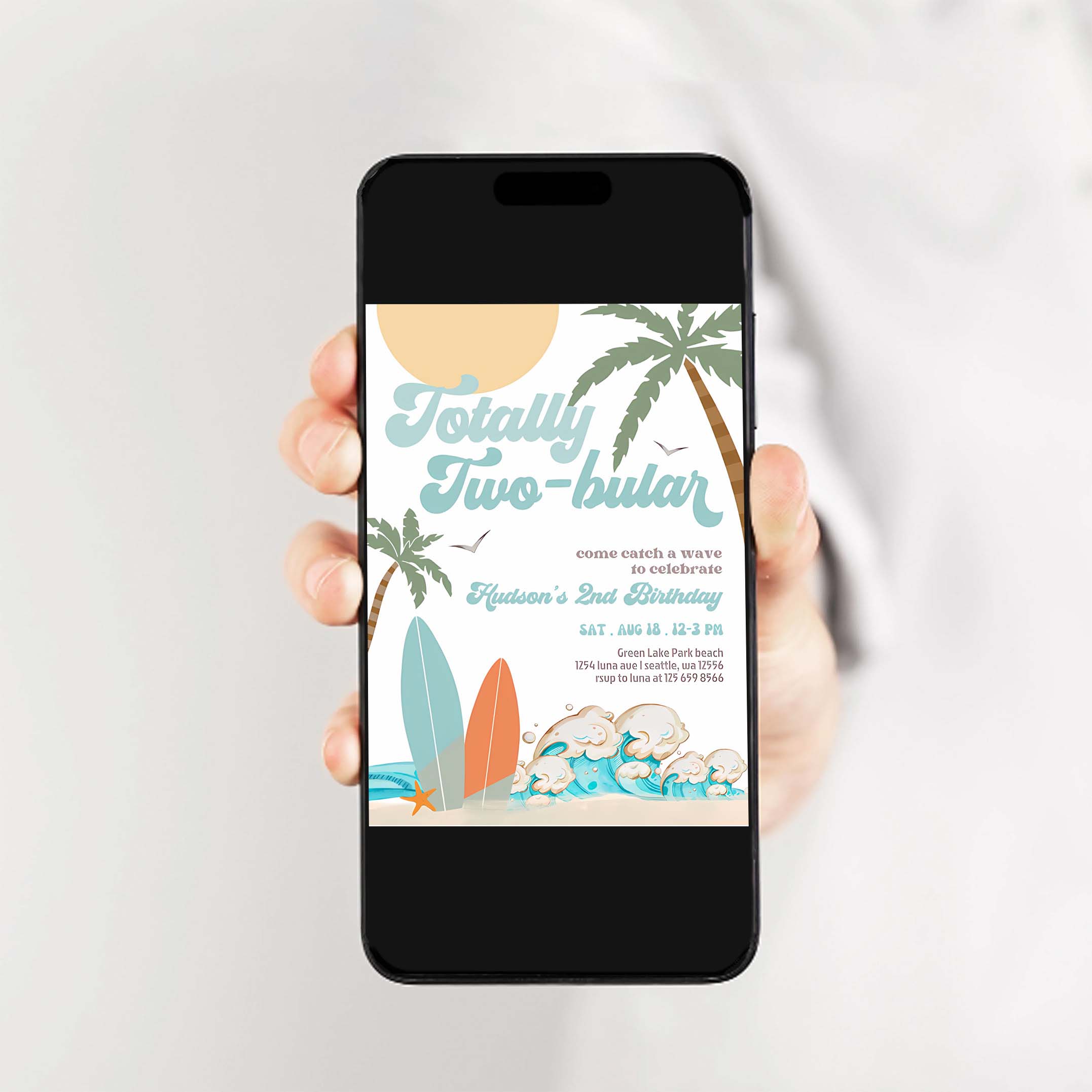 Boy Surf Surfing 2nd Birthday Totally Two bular Modern Minimal Surfboard Beach Party Invitation