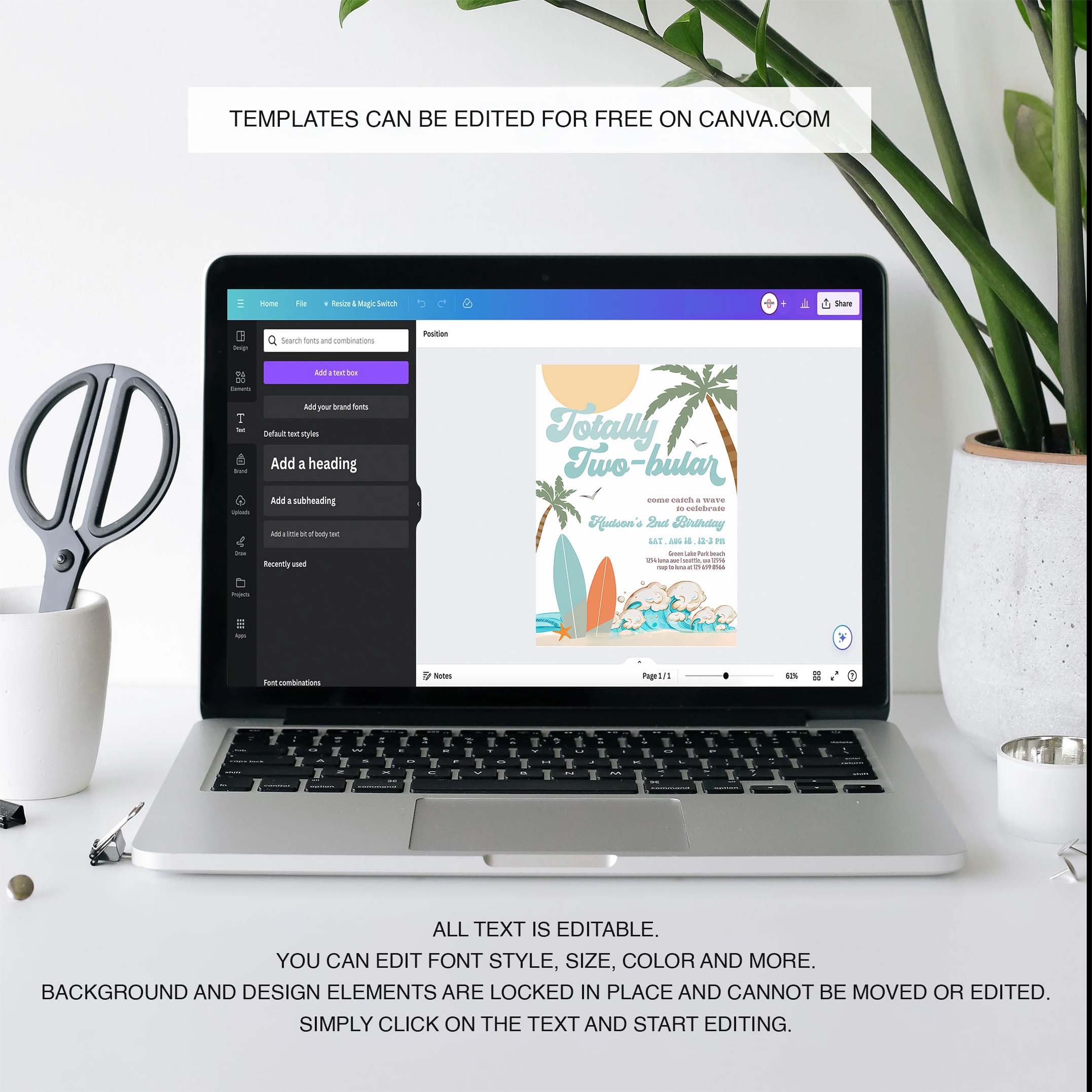 Boy Surf Surfing 2nd Birthday Totally Two bular Modern Minimal Surfboard Beach Party Invitation