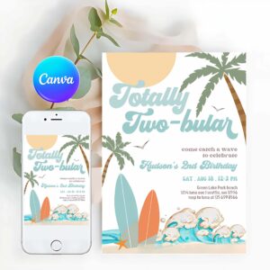 Surfing Invitation, Boy Surf Surfing 2nd Birthday Totally Two-bular Modern Minimal Surfboard Beach Party Invitation