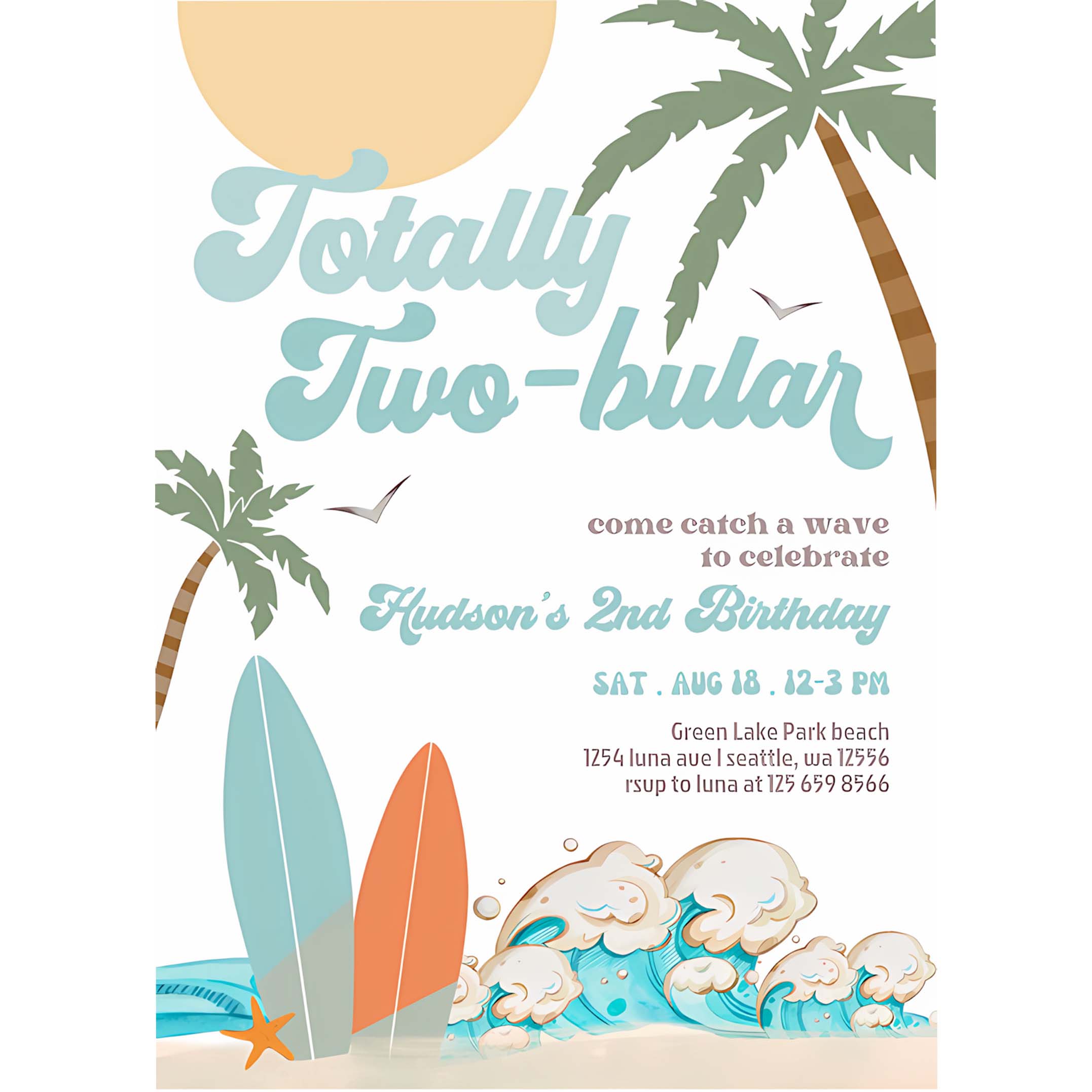 Boy Surf Surfing 2nd Birthday Totally Two bular Modern Minimal Surfboard Beach Party Invitation