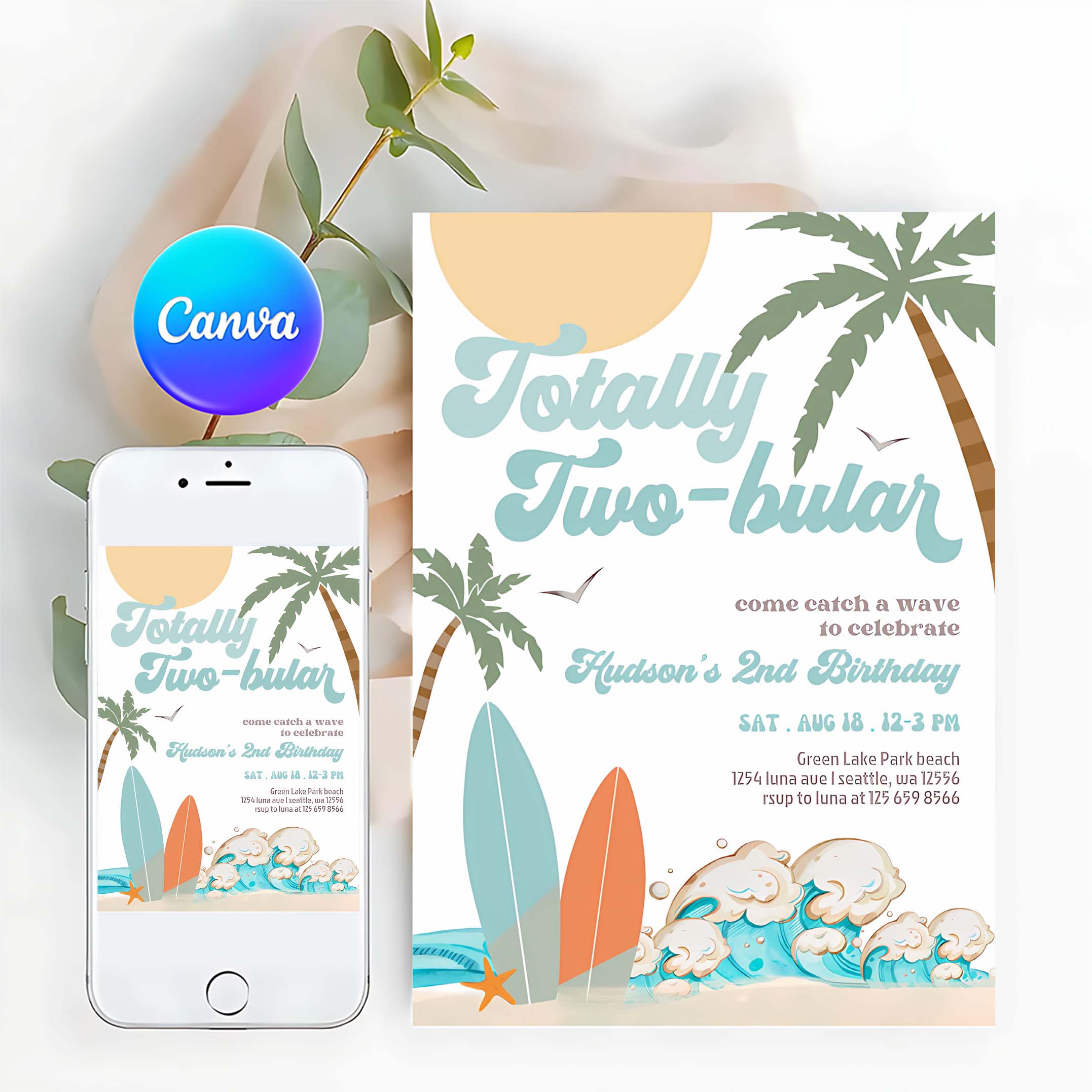 Boy Surf Surfing 2nd Birthday Totally Two bular Modern Minimal Surfboard Beach Party Invitation