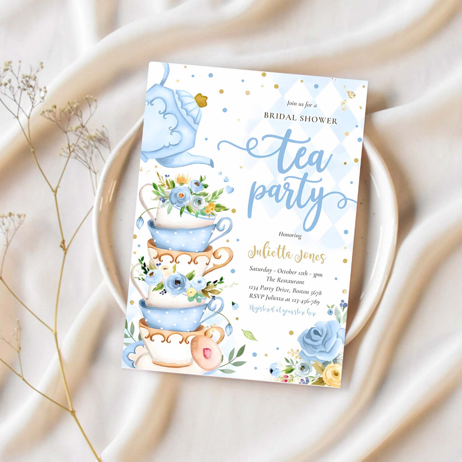 Bridal shower tea party blue and gold floral invitation k91z 1
