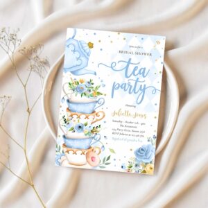 Bridal shower tea party blue and gold floral invitation k91z 1