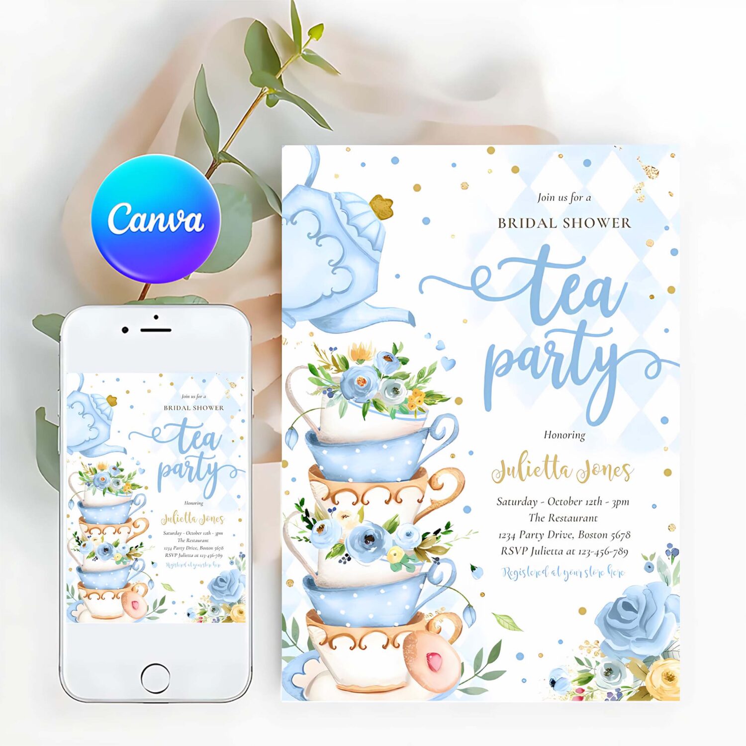 Bridal shower tea party blue and gold floral invitation k91z