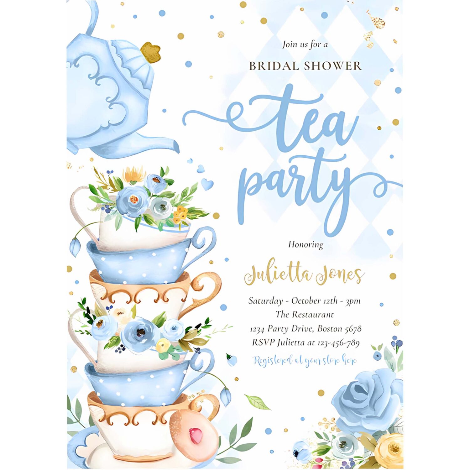 Bridal shower tea party blue and gold floral invitation k91z 4