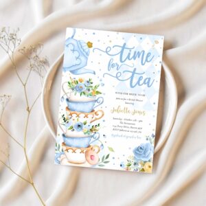 Bridal shower tea party blue and gold floral invitation v14f 1