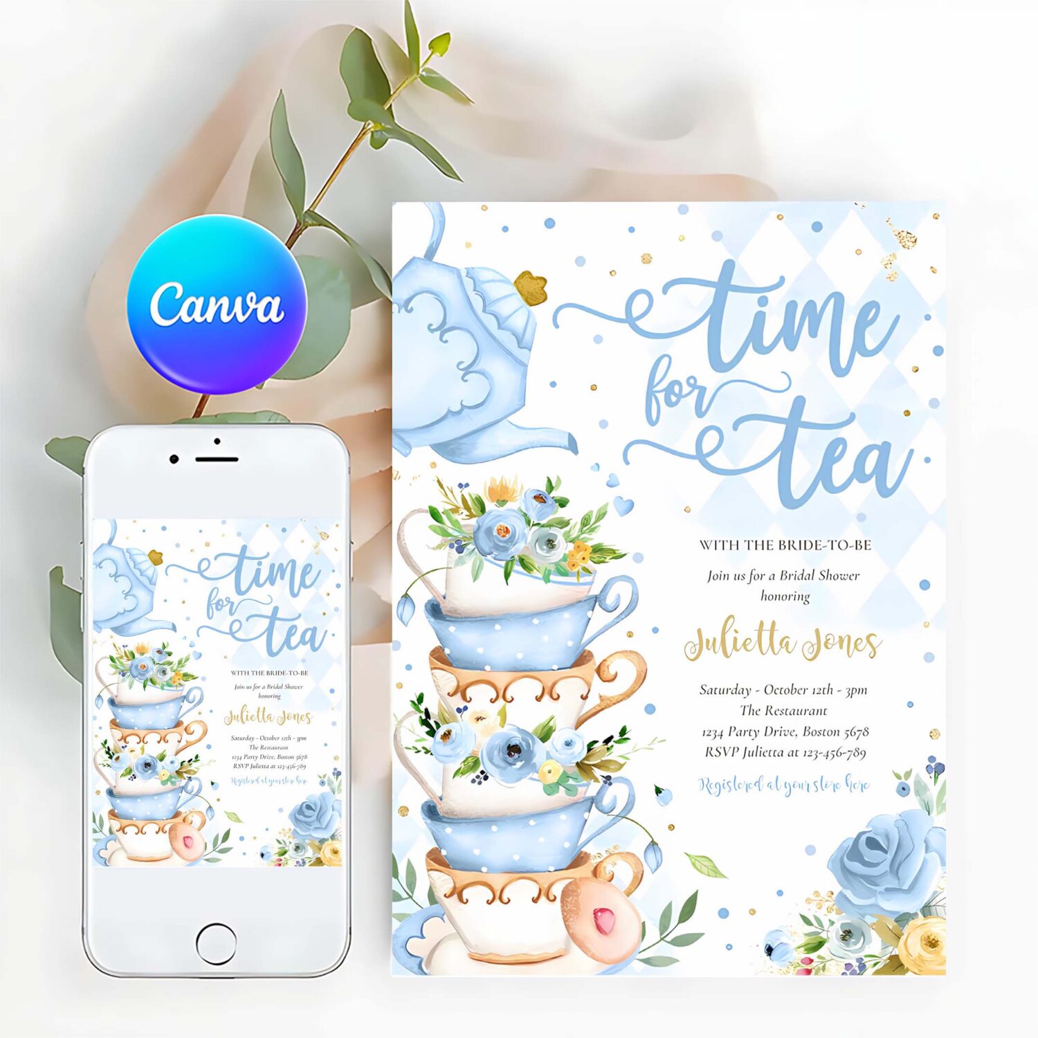 Bridal shower tea party blue and gold floral invitation v14f