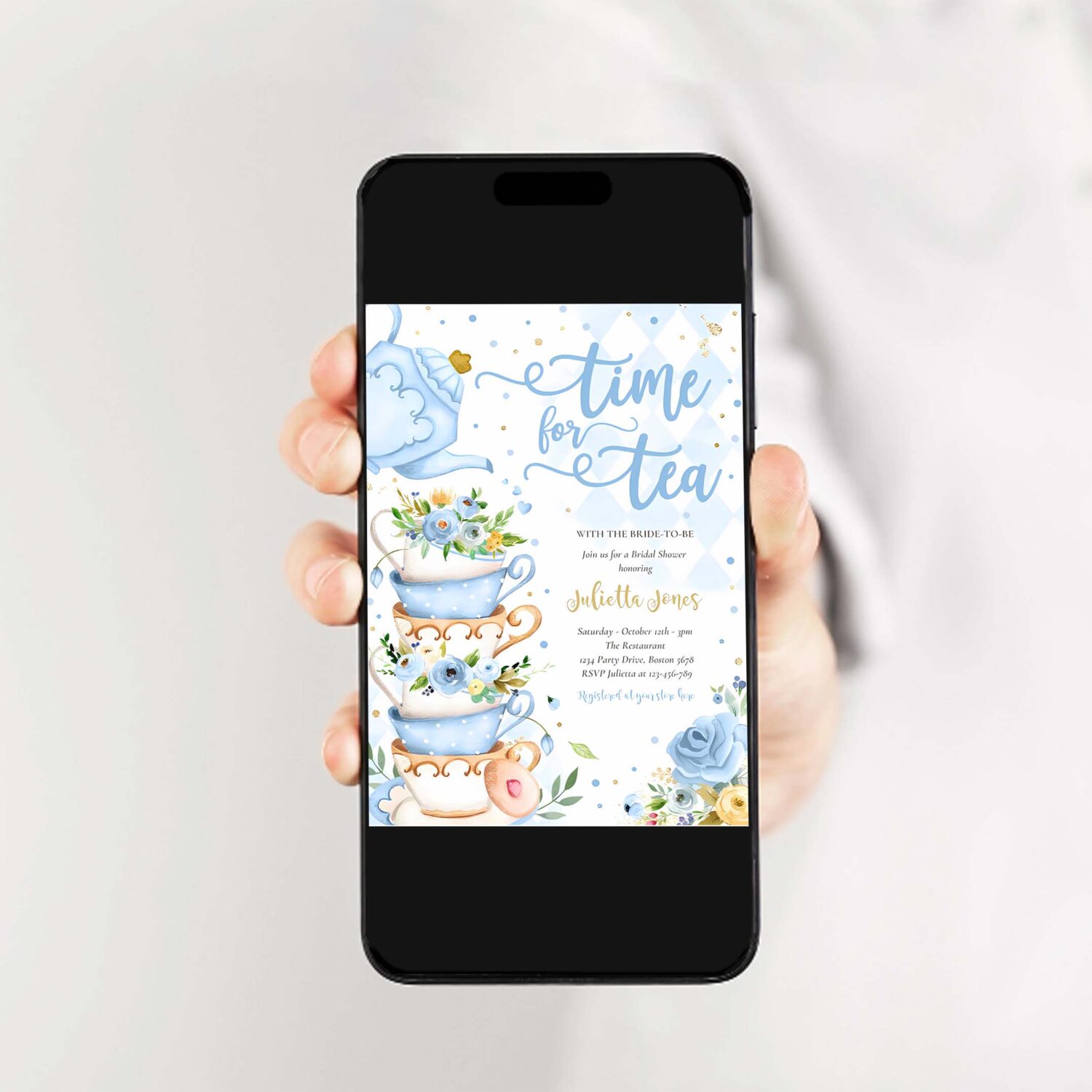 Bridal shower tea party blue and gold floral invitation v14f 2