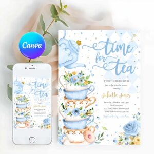 Bridal Shower Tea Party Invitation, Bridal Shower Tea Party Blue And Gold Floral Invitation