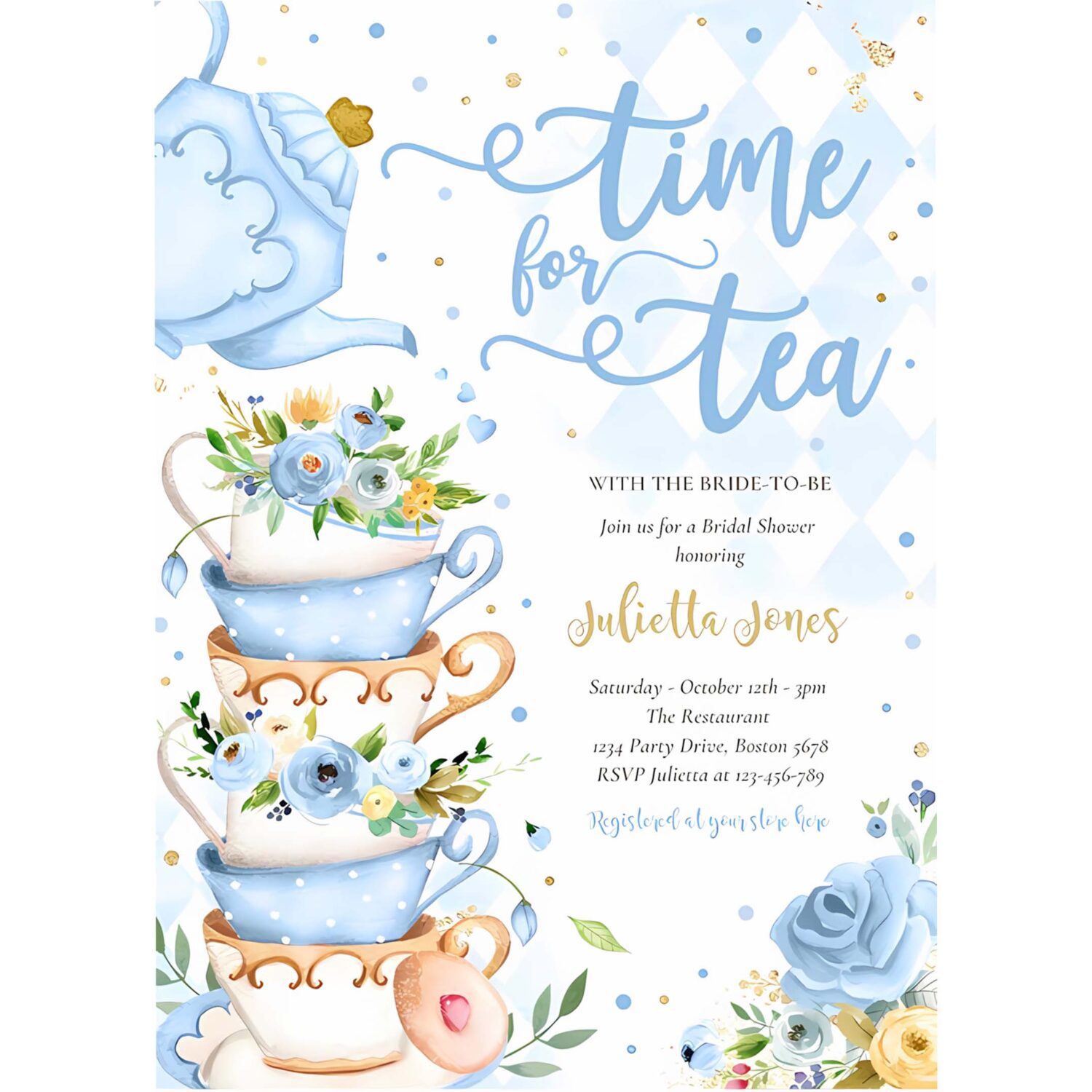 Bridal shower tea party blue and gold floral invitation v14f 4