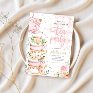 Bridal shower tea party blush pink and gold floral invitation j46b 1