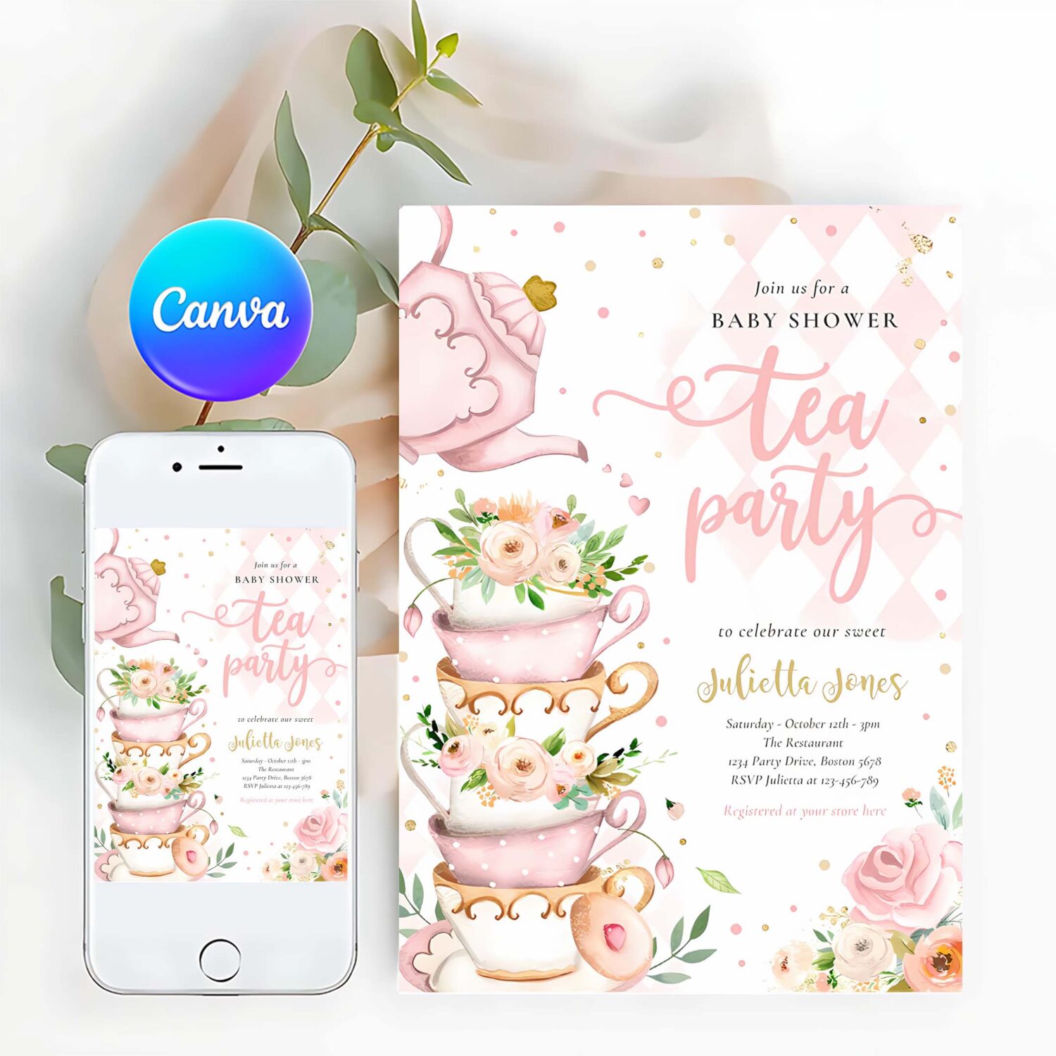 Bridal shower tea party blush pink and gold floral invitation j46b