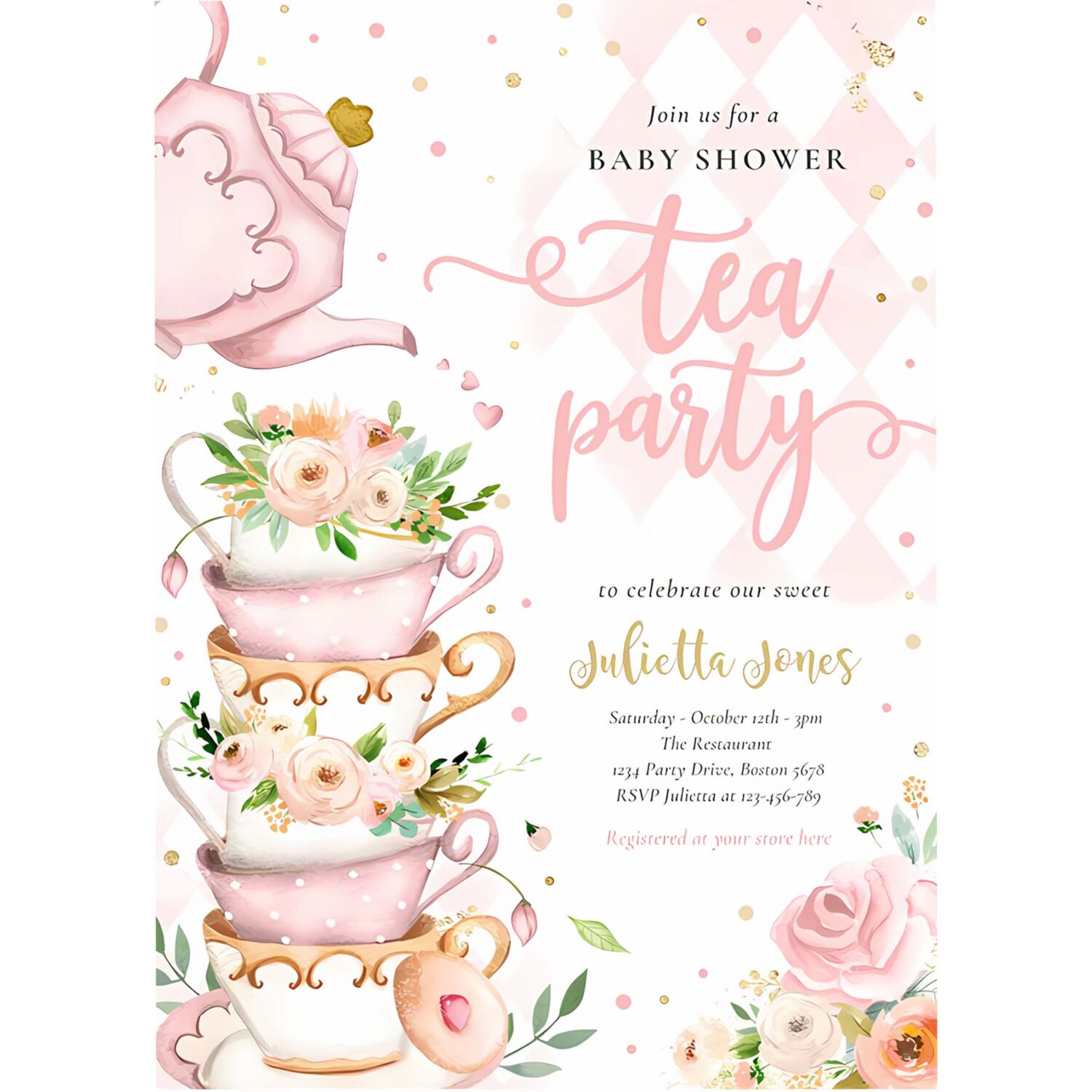 Bridal shower tea party blush pink and gold floral invitation j46b 4
