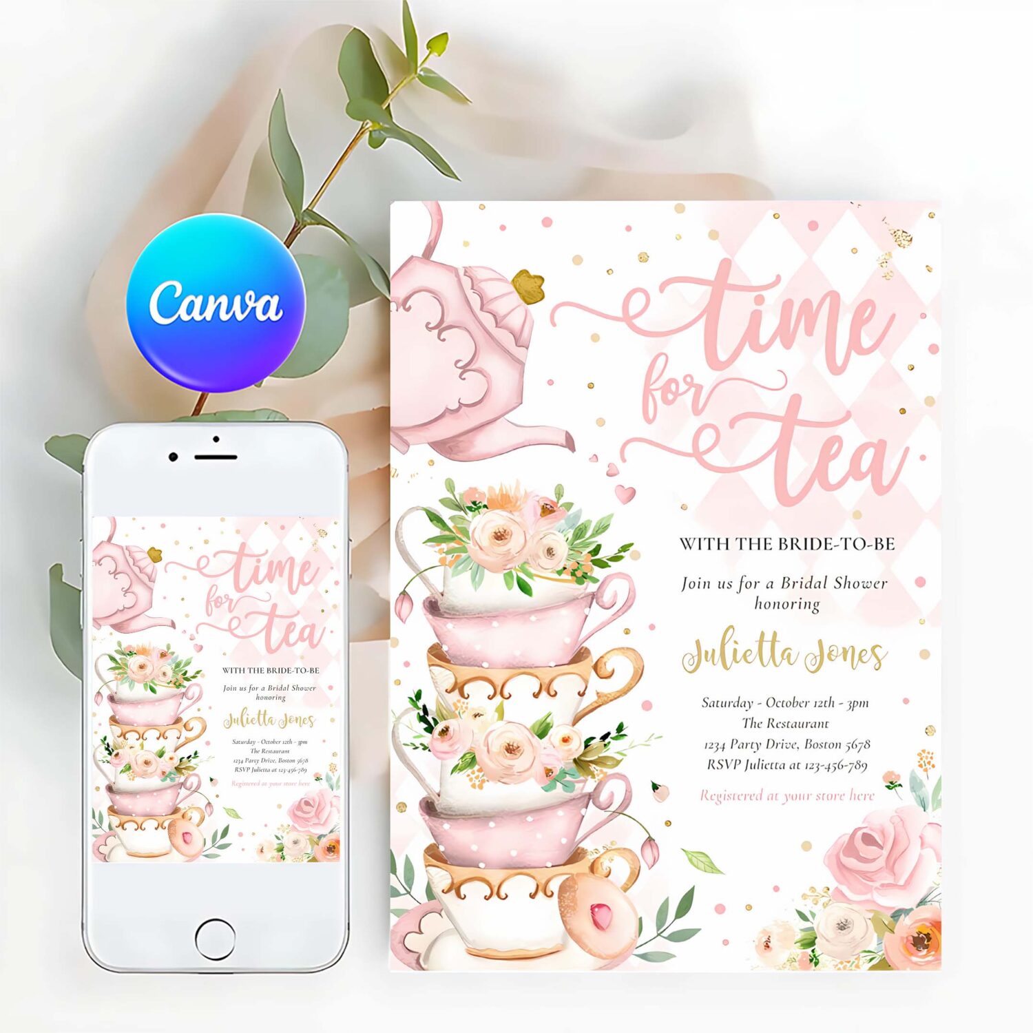 Bridal shower tea party blush pink and gold floral invitation o72f