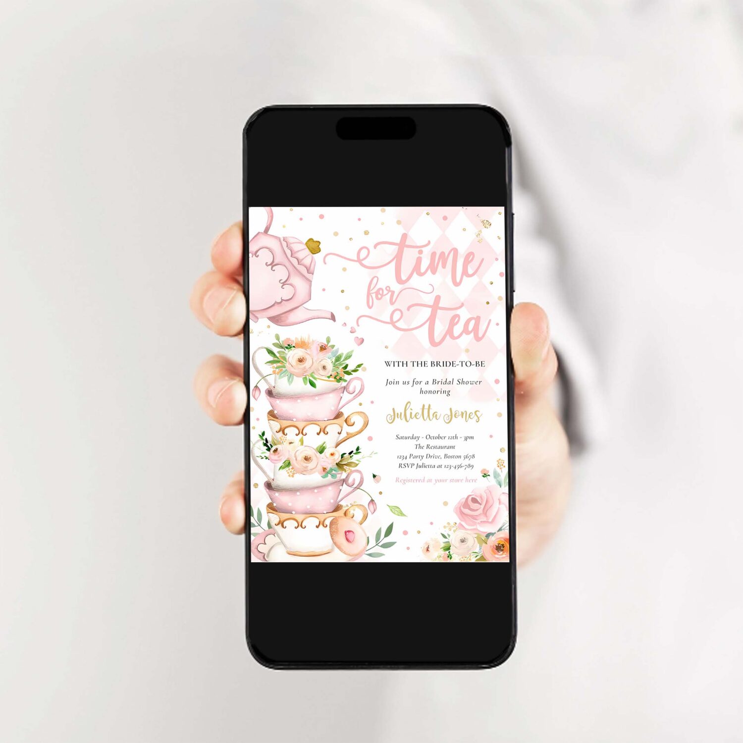 Bridal shower tea party blush pink and gold floral invitation o72f 2