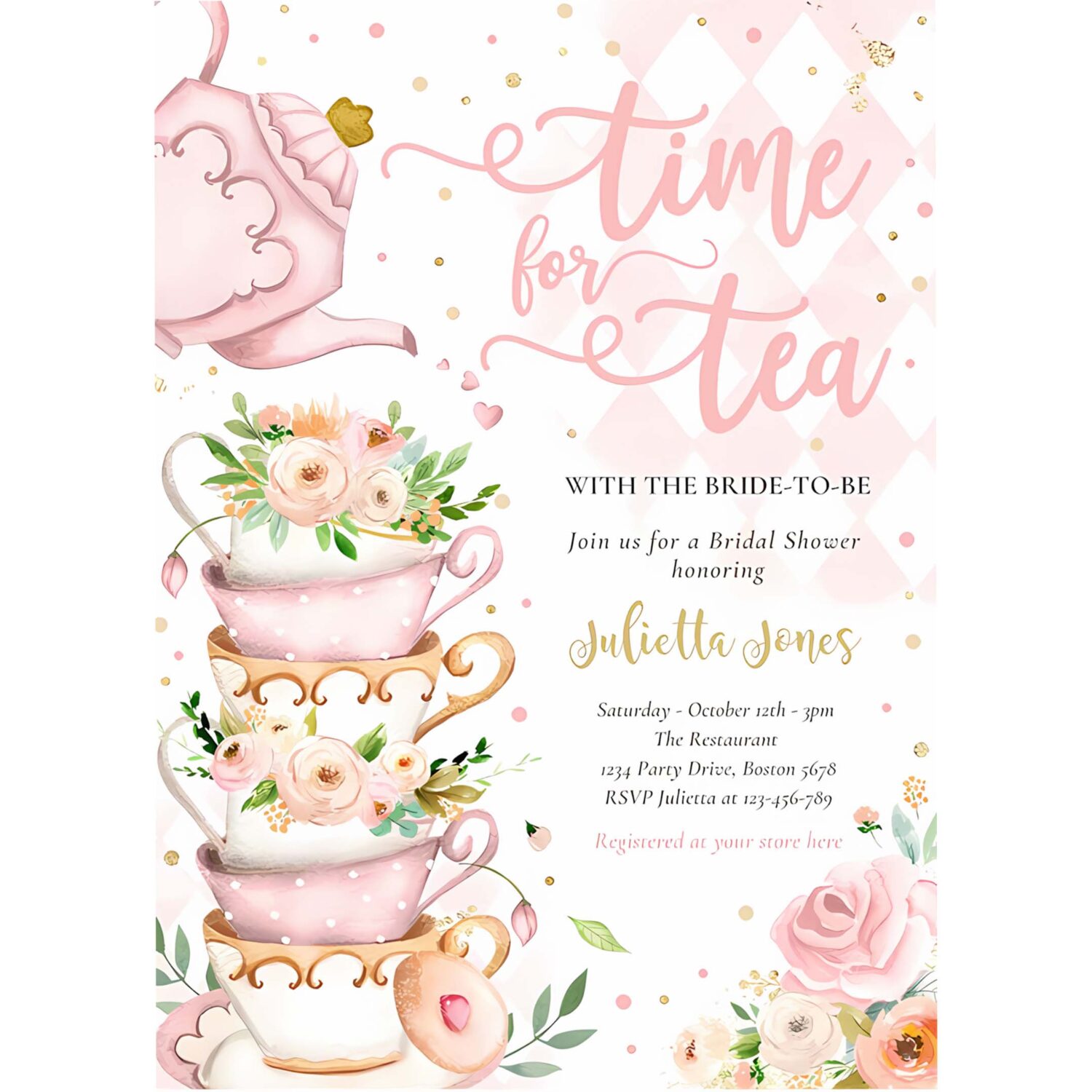 Bridal shower tea party blush pink and gold floral invitation o72f 4