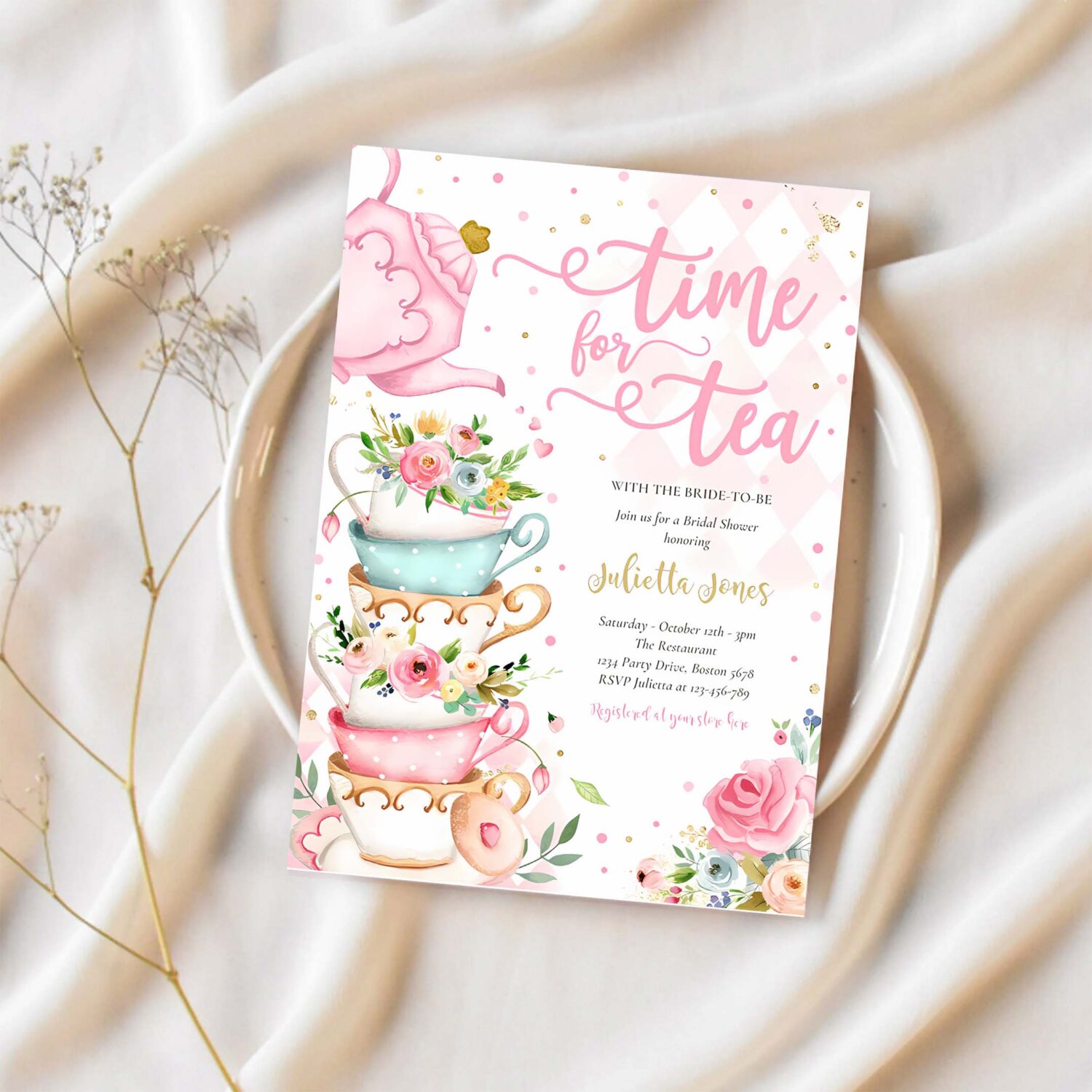 Bridal shower tea party pink and gold floral invitation u37n 1