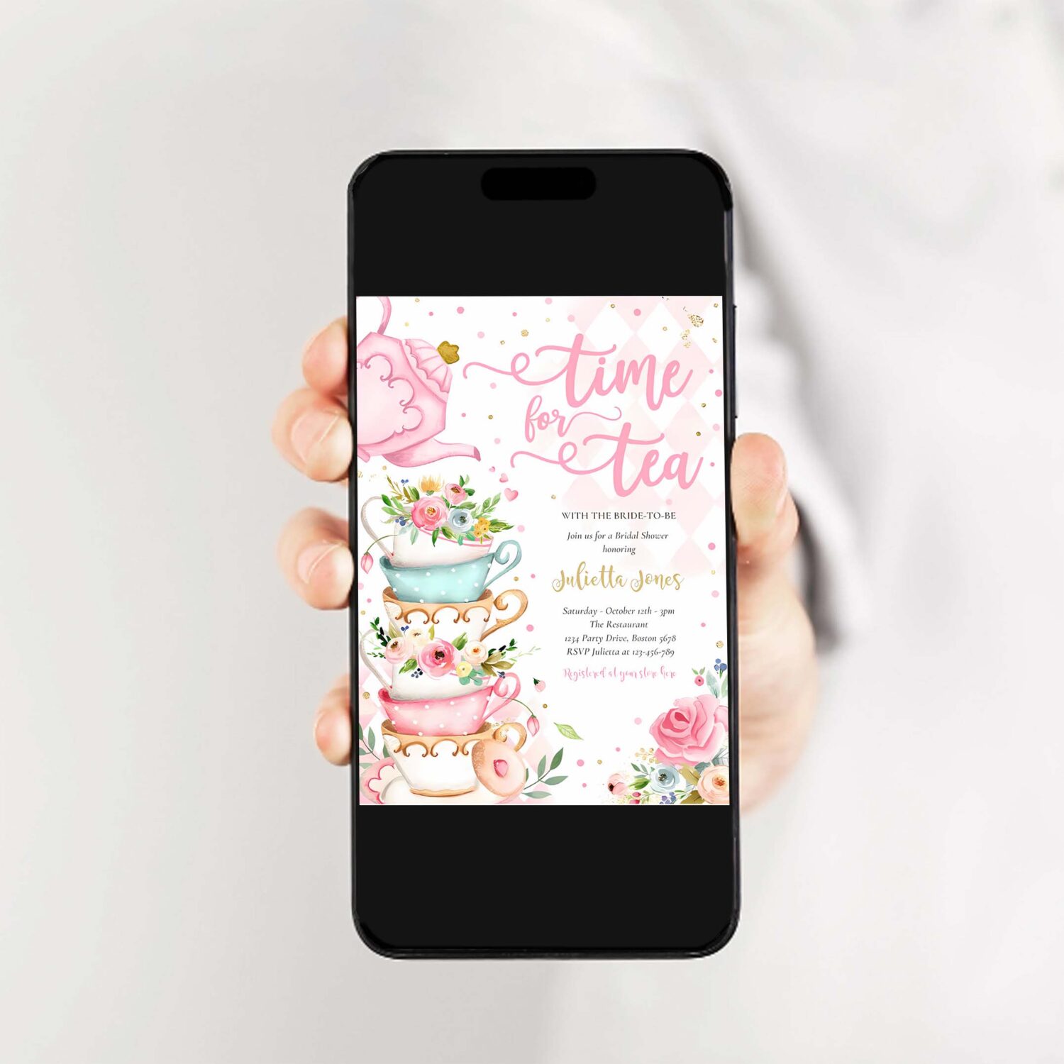 Bridal shower tea party pink and gold floral invitation u37n 2