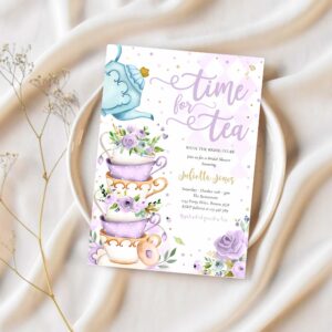 Bridal shower tea party purple and gold floral invitation b98v 1