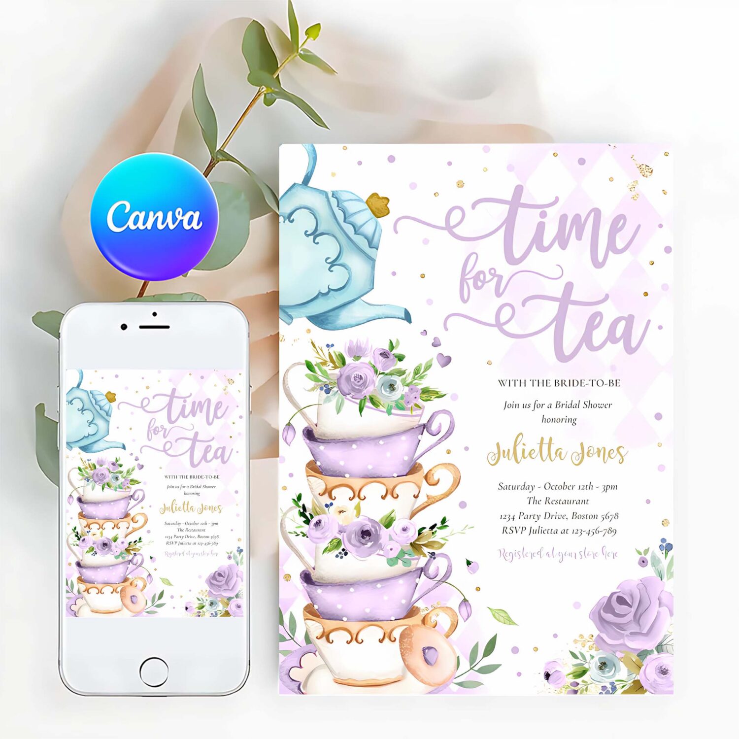 Bridal shower tea party purple and gold floral invitation b98v