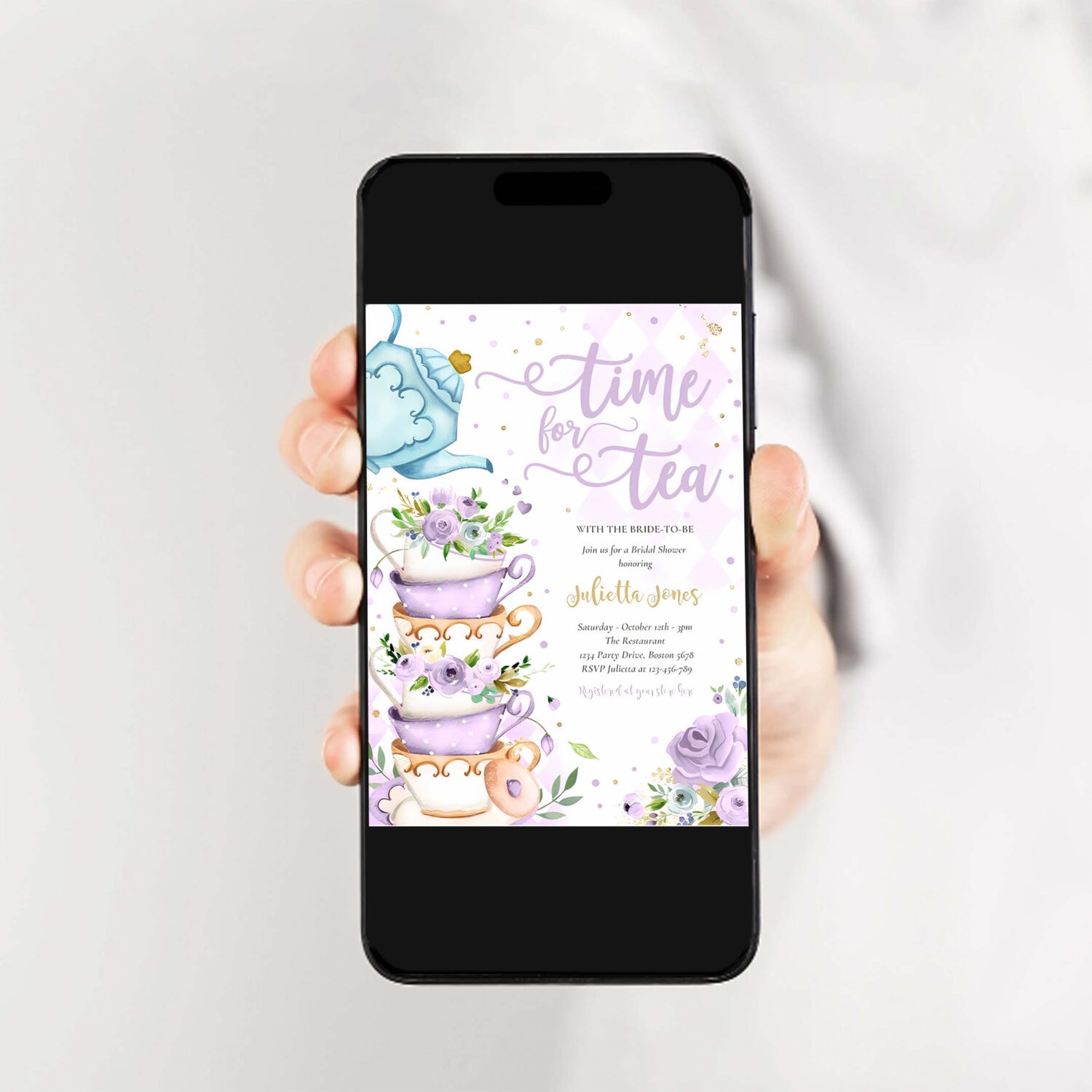 Bridal shower tea party purple and gold floral invitation b98v 2