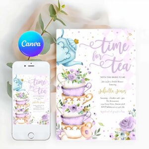 Bridal Shower Tea Party Invitation, Bridal Shower Tea Party Purple And Gold Floral Invitation