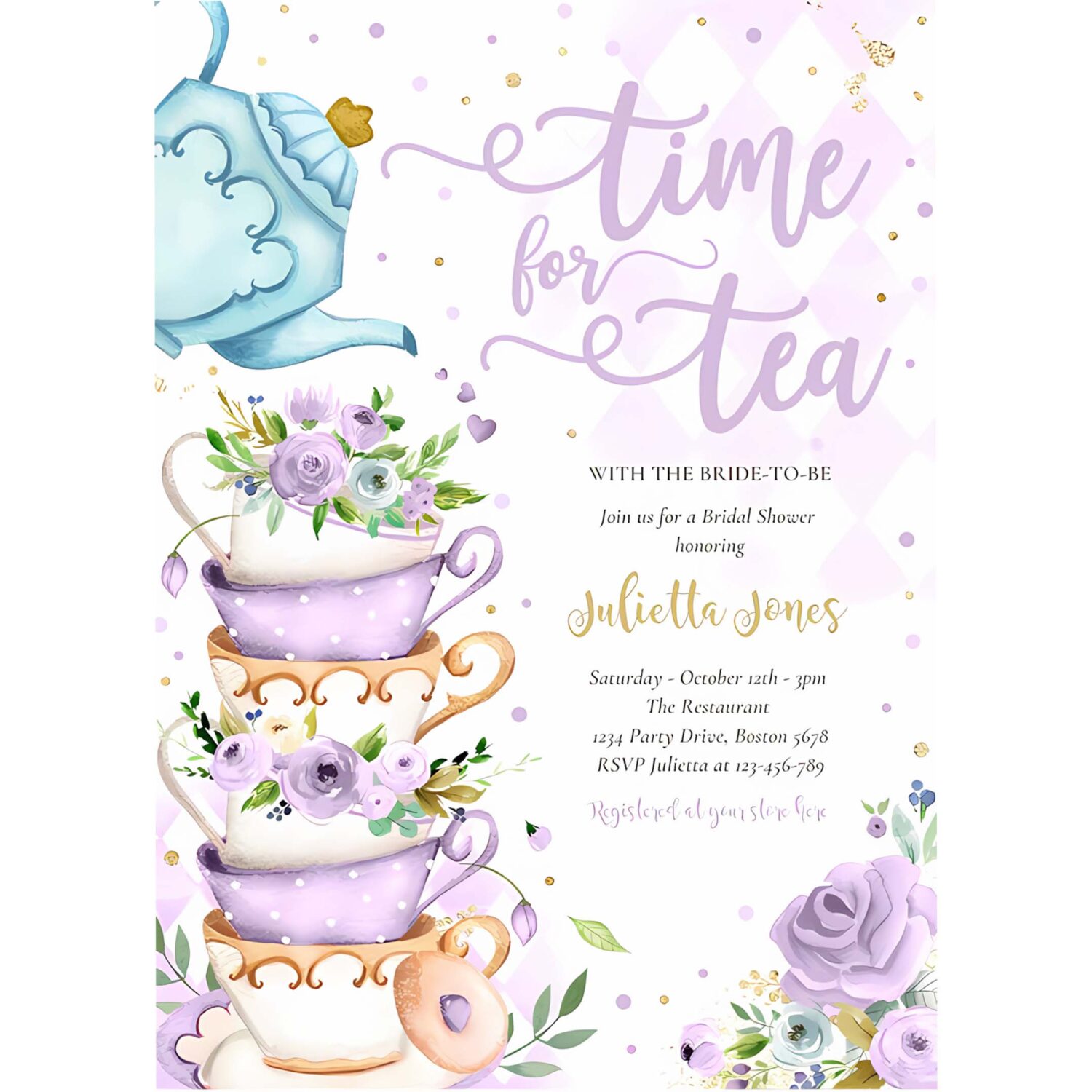 Bridal shower tea party purple and gold floral invitation b98v 4