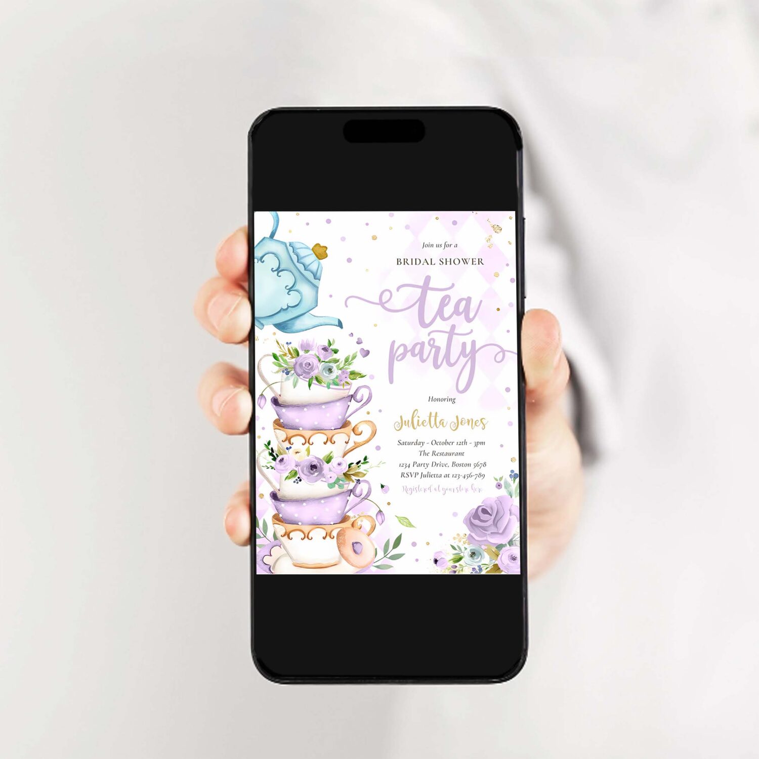Bridal shower tea party purple and gold floral invitation t94t 2