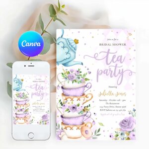 Bridal Shower Tea Party Invitation, Bridal Shower Tea Party Purple And Gold Floral Invitation
