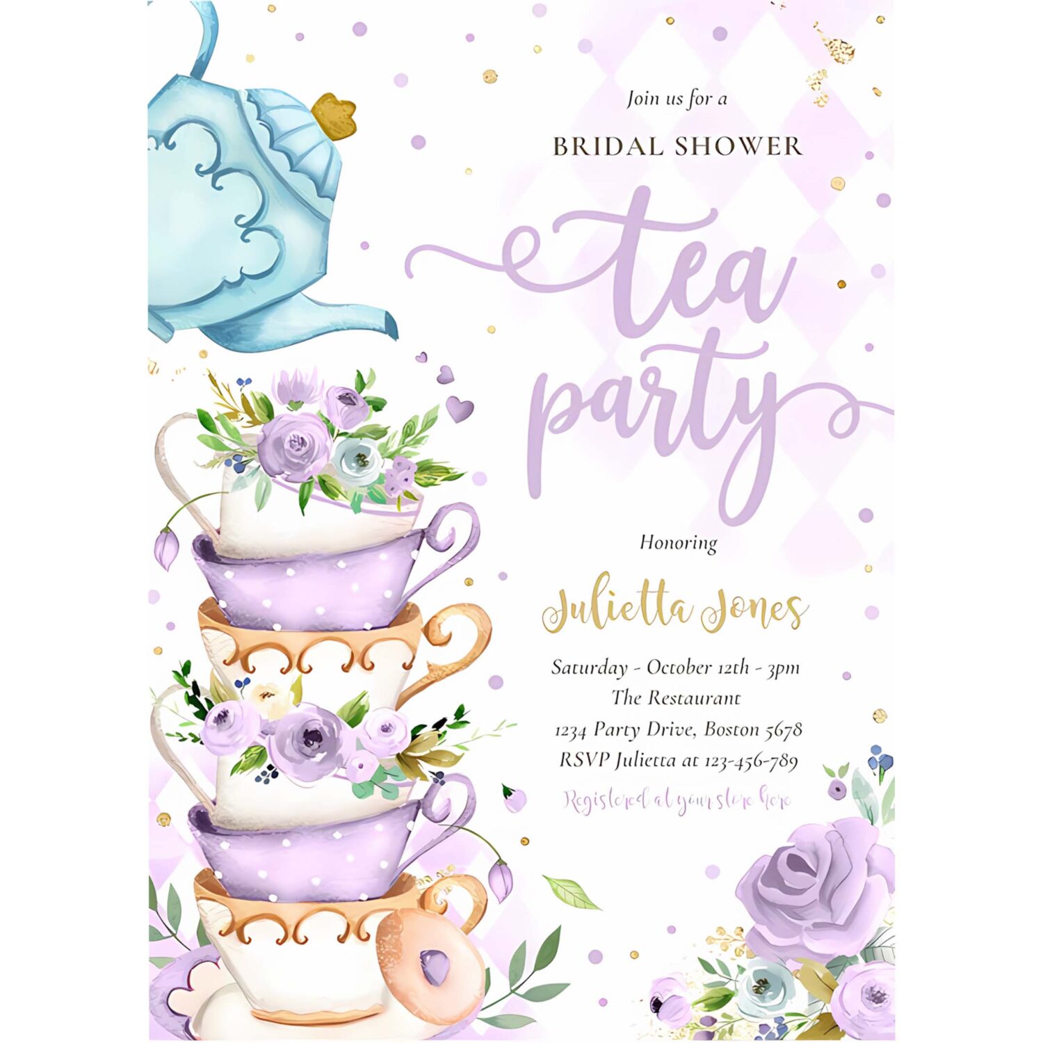 Bridal shower tea party purple and gold floral invitation t94t 4