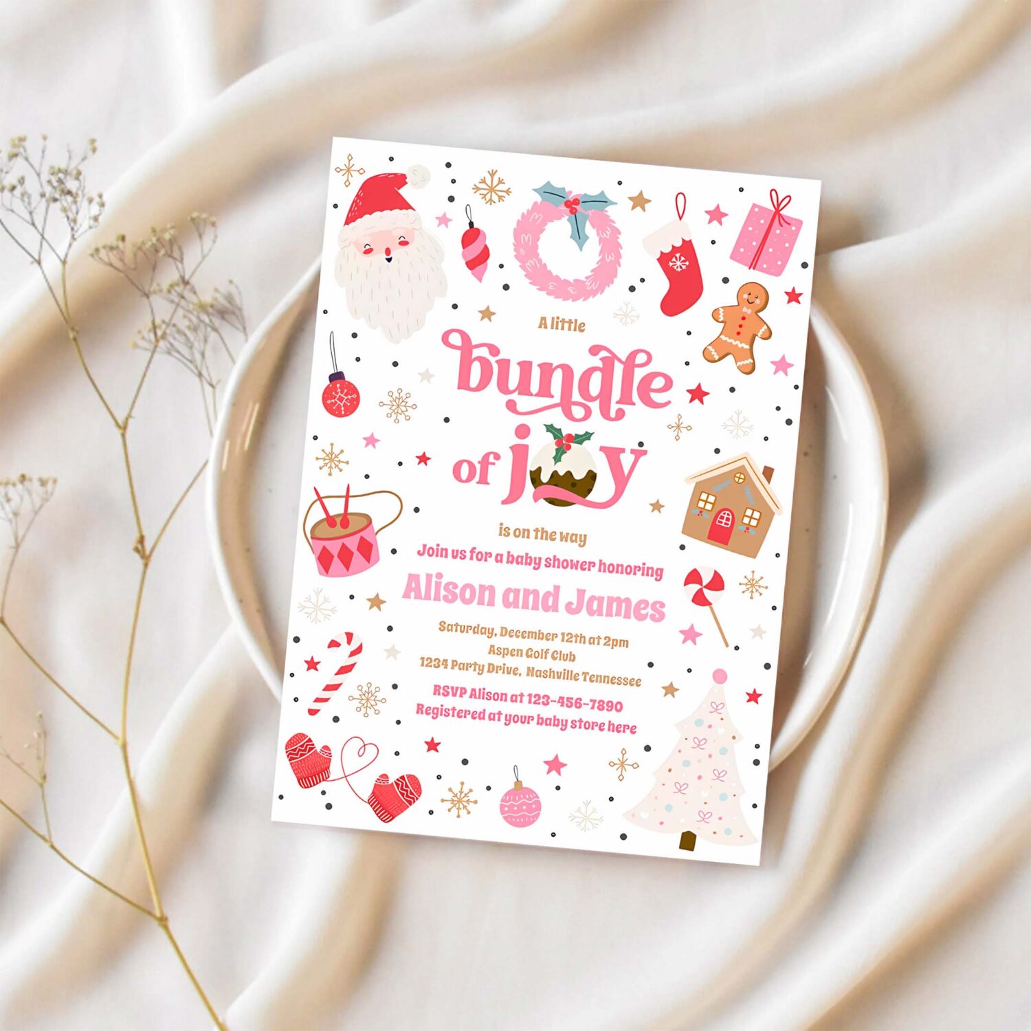 Bundle of joy pink girl winter baby shower invitation p97u 1