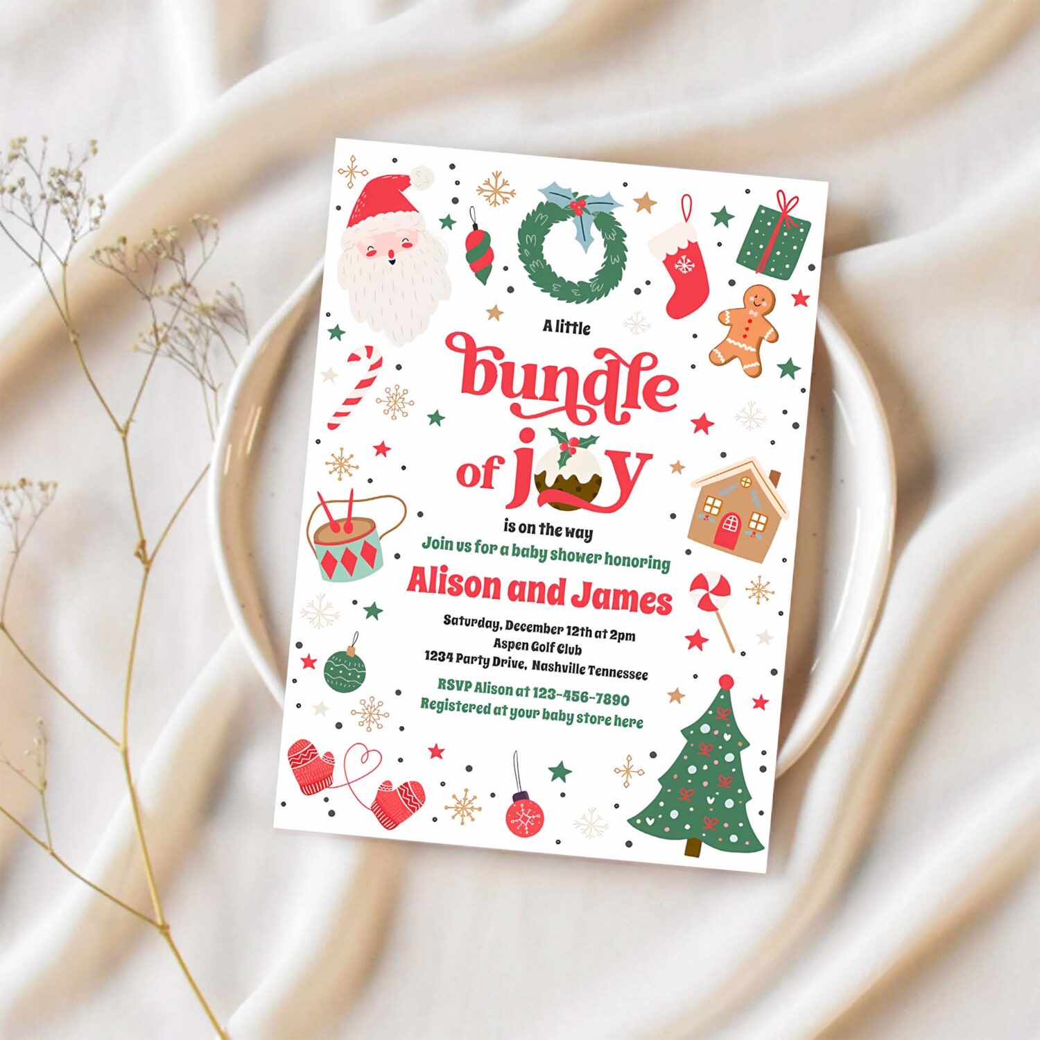 Bundle of joy red traditional winter baby shower invitation b62p 1