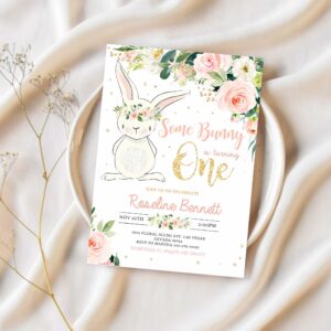 Bunny birthday invitation editable bunny 1st birthday invite pink gold bunny invitations spring floral bunny invite 1