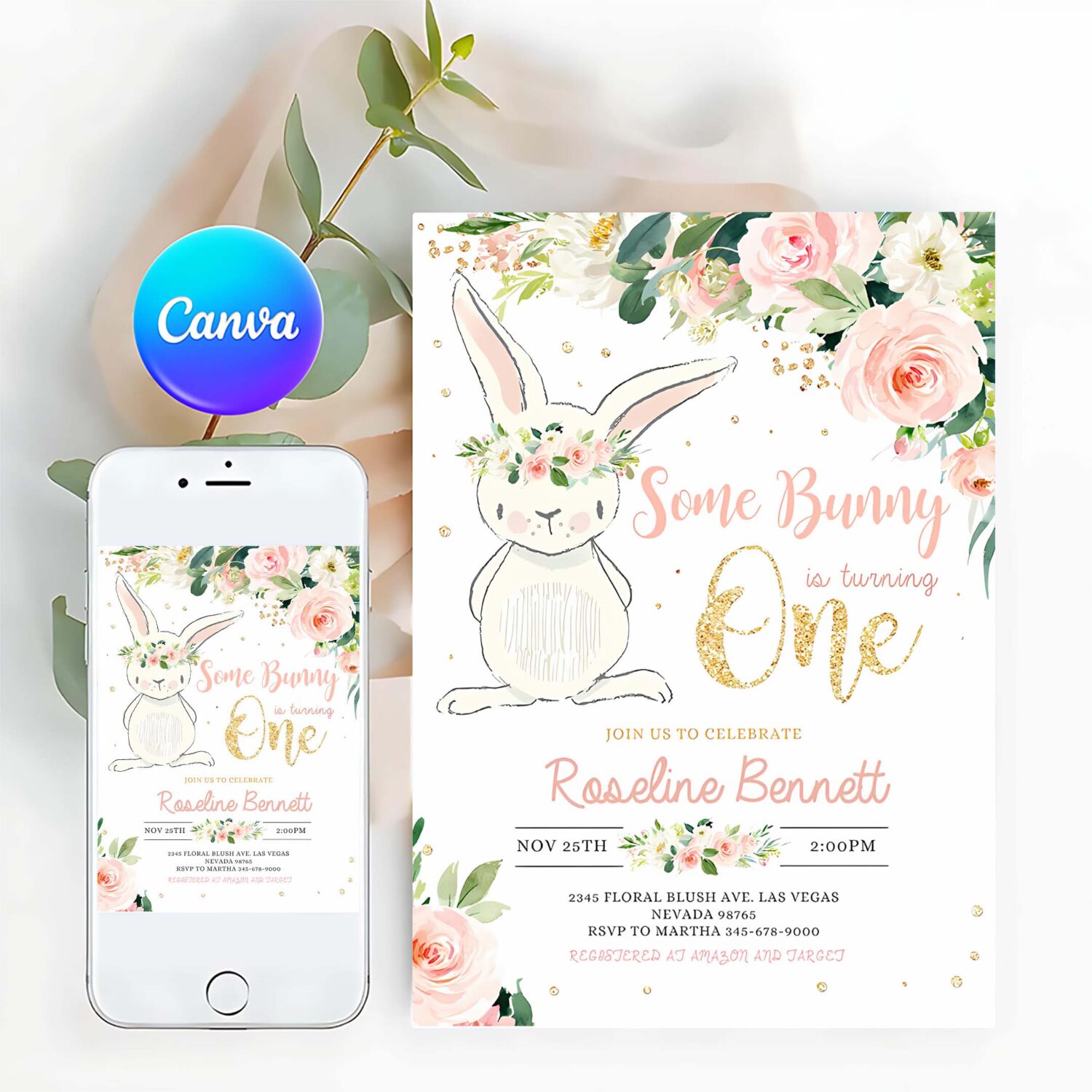 Bunny birthday invitation editable bunny 1st birthday invite pink gold bunny invitations spring floral bunny invite
