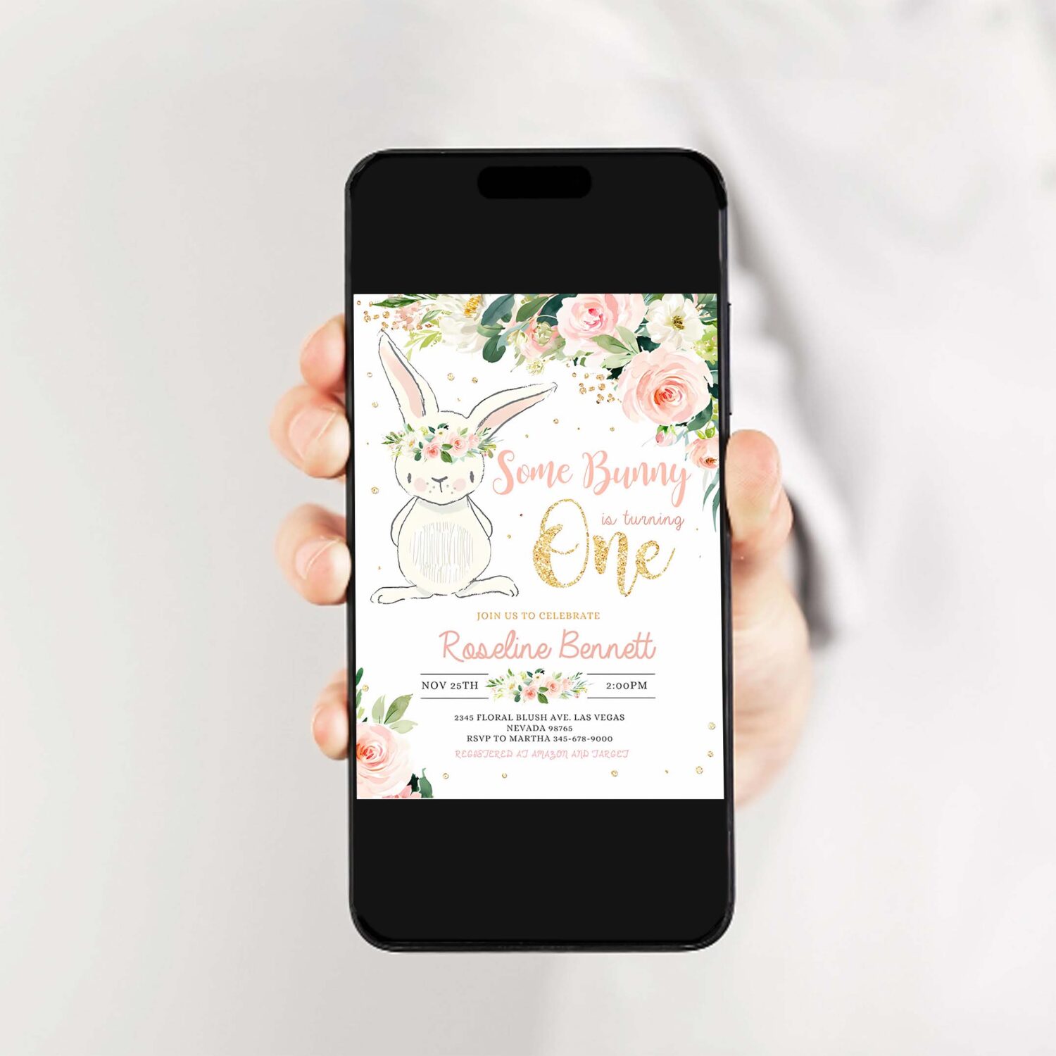 Bunny birthday invitation editable bunny 1st birthday invite pink gold bunny invitations spring floral bunny invite 2