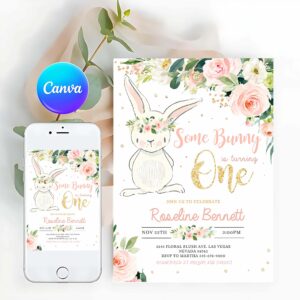 Bunny Invitation, Bunny Birthday Invitation, Bunny 1st Birthday, Birthday Invitation, Pink Gold Bunny Invitation