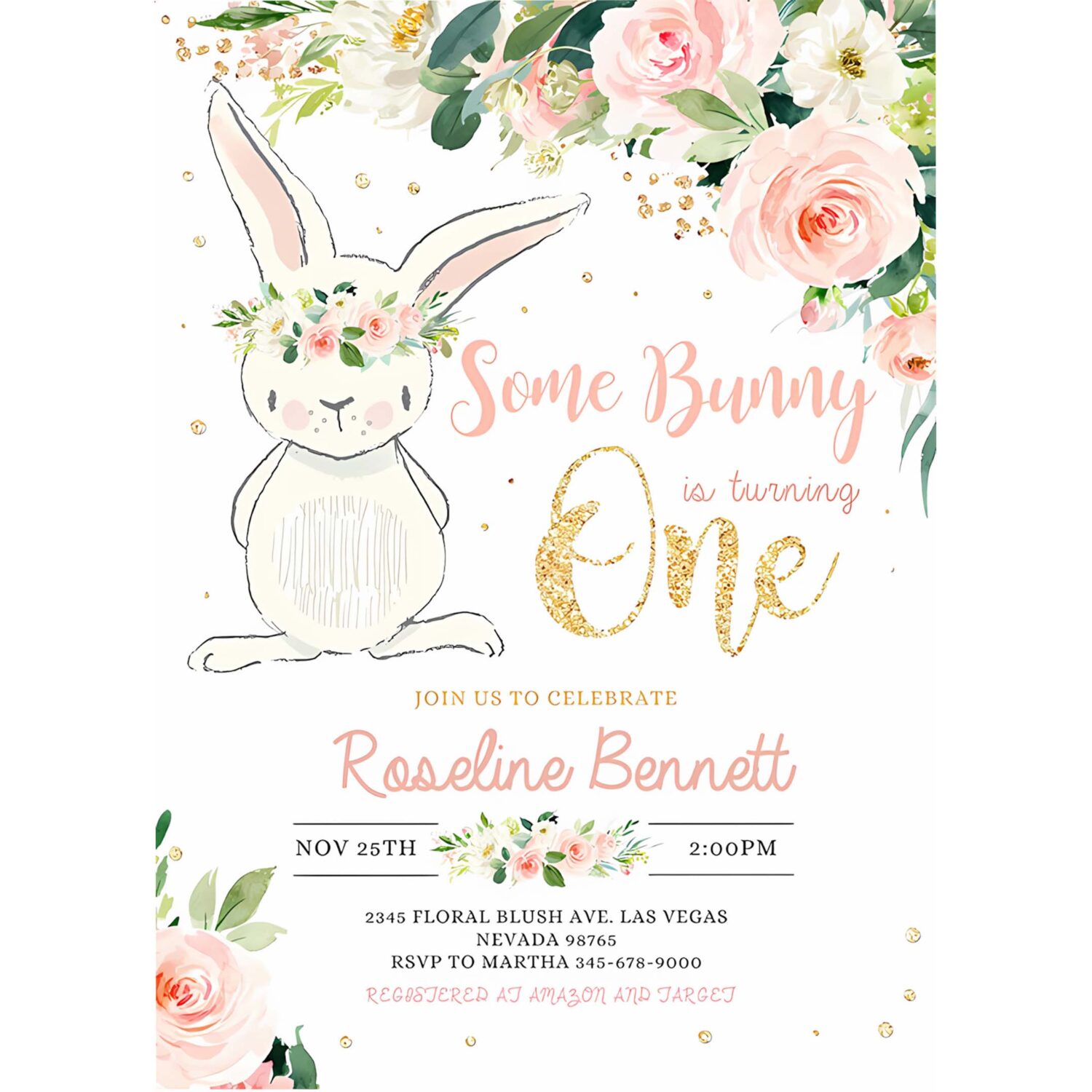 Bunny birthday invitation editable bunny 1st birthday invite pink gold bunny invitations spring floral bunny invite 4