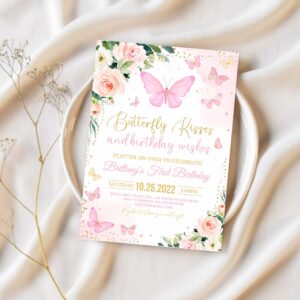 Butterfly birthday invitation girl 1st birthday invite first butterfly kisses pastel birthday 1