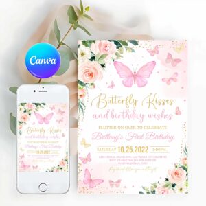 Butterfly Invitation, Butterfly Birthday Invitation, Girl 1st Birthday Invite First Butterfly Kisses Pastel Birthday