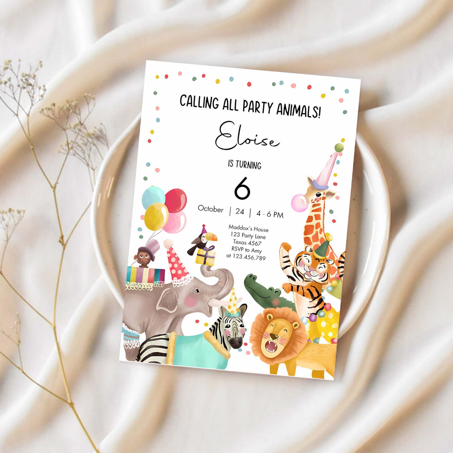 Calling all party animals birthday invitation wild one jungle zoo safari animals boy girl 1