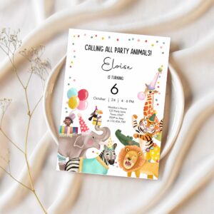 Calling all party animals birthday invitation wild one jungle zoo safari animals boy girl 1