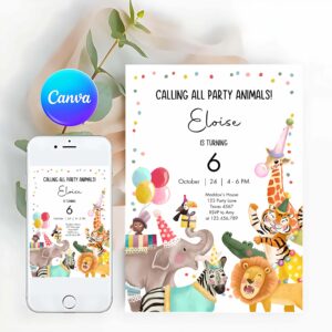 Wild One Invitation, Calling All Party Animals Birthday Invitation, Wild One Jungle Zoo Safari Animals Boy Girl