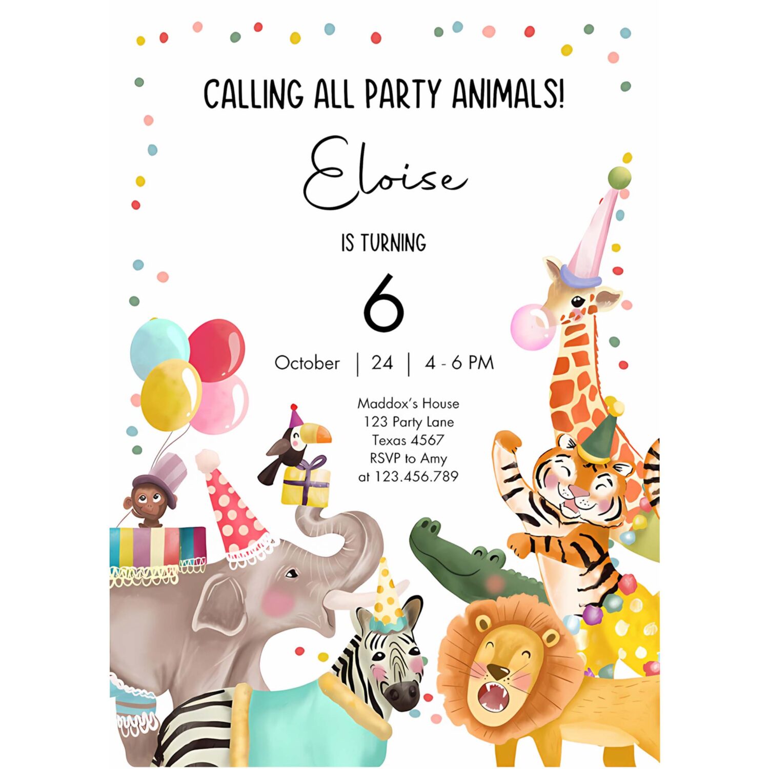 Calling all party animals birthday invitation wild one jungle zoo safari animals boy girl 4