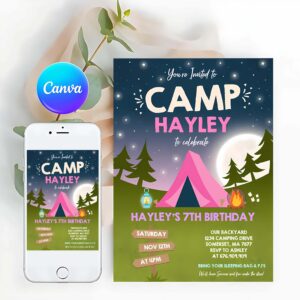 Camping Birthday Invitation, Out Under The Stars Girly Glamping Party Invitation