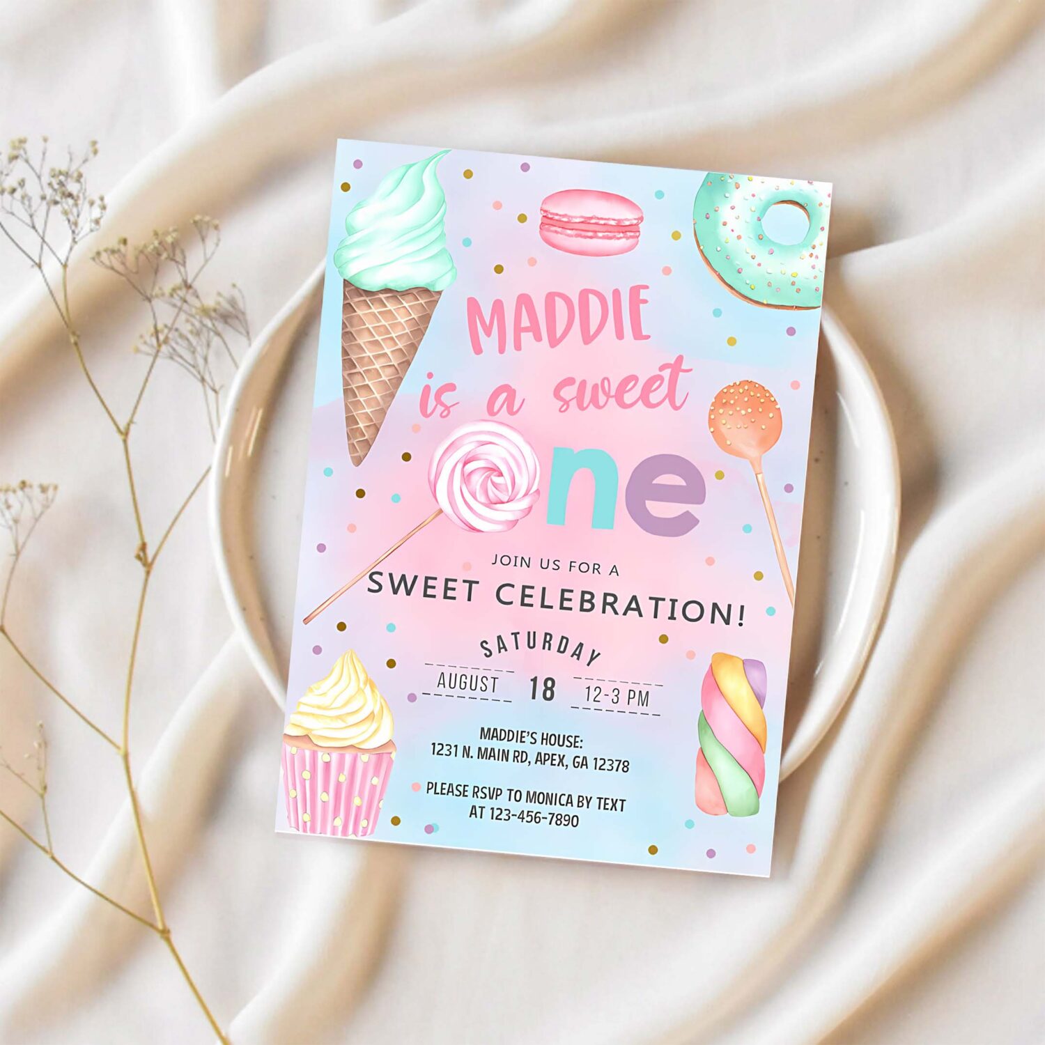 Candy shes a sweet one 1st birthday invitation girl birthday invite candy sweets donut ice cream invite 1