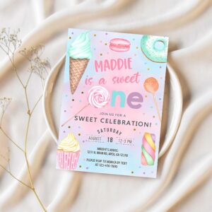 Candy shes a sweet one 1st birthday invitation girl birthday invite candy sweets donut ice cream invite 1