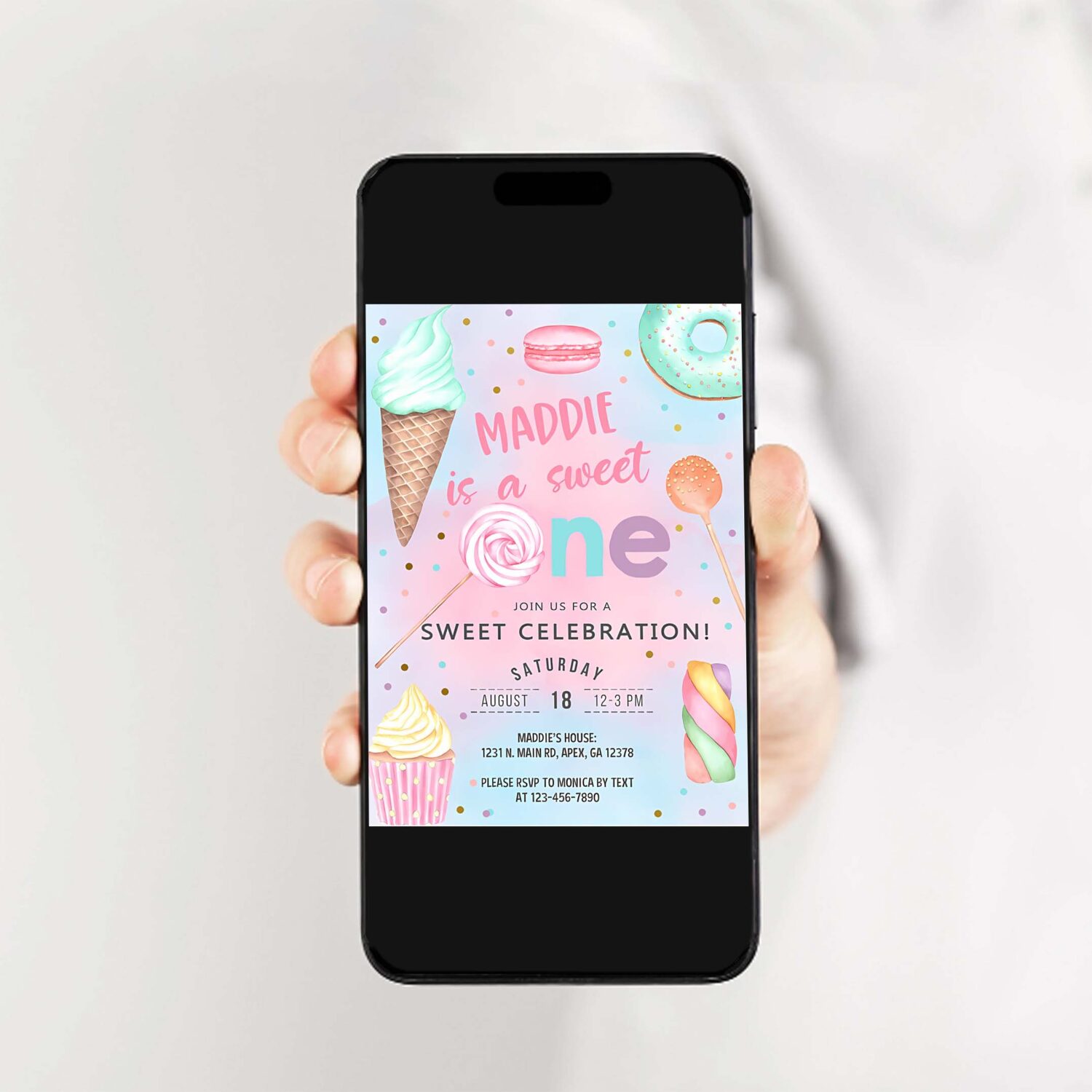 Candy shes a sweet one 1st birthday invitation girl birthday invite candy sweets donut ice cream invite 2